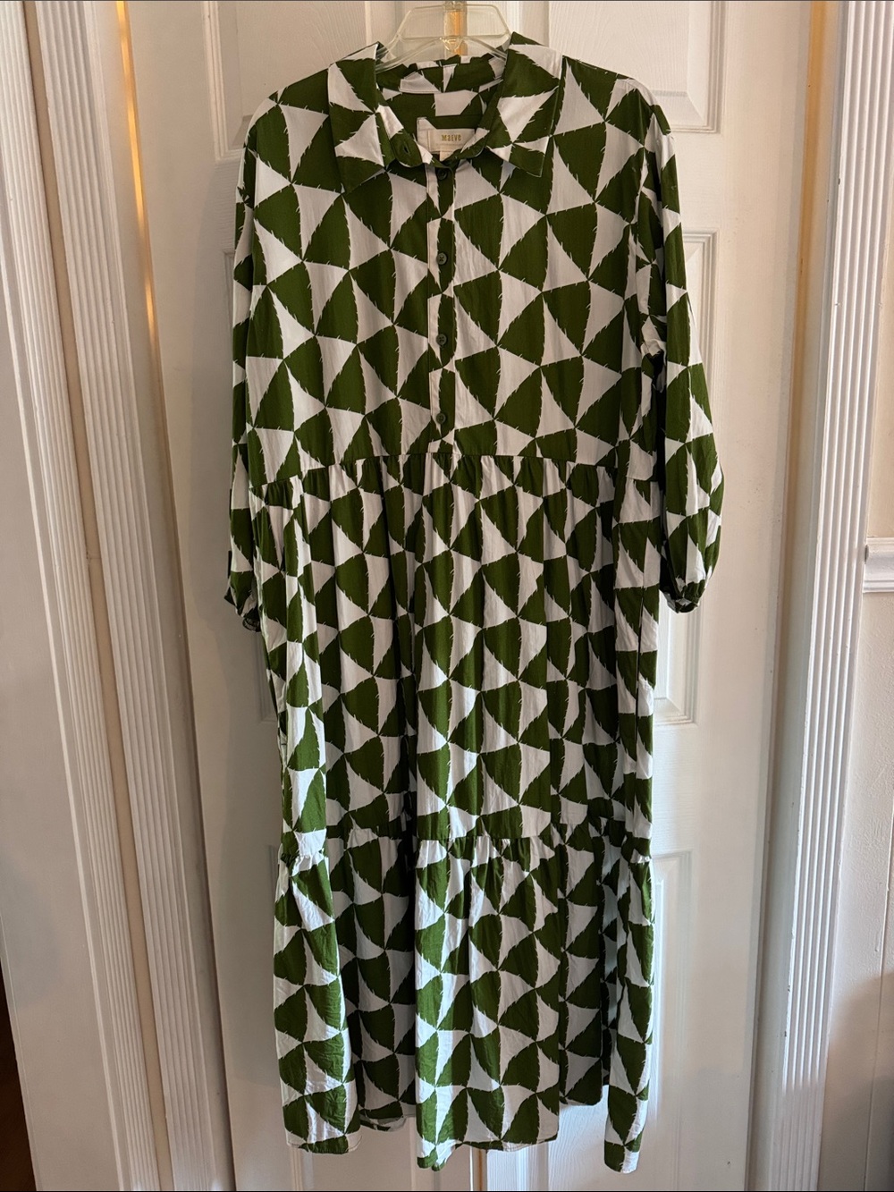 EUC Anthropologie Maeve Bettina Green White Geometric Tiered Shirtdress XL - Picture 2 of 7